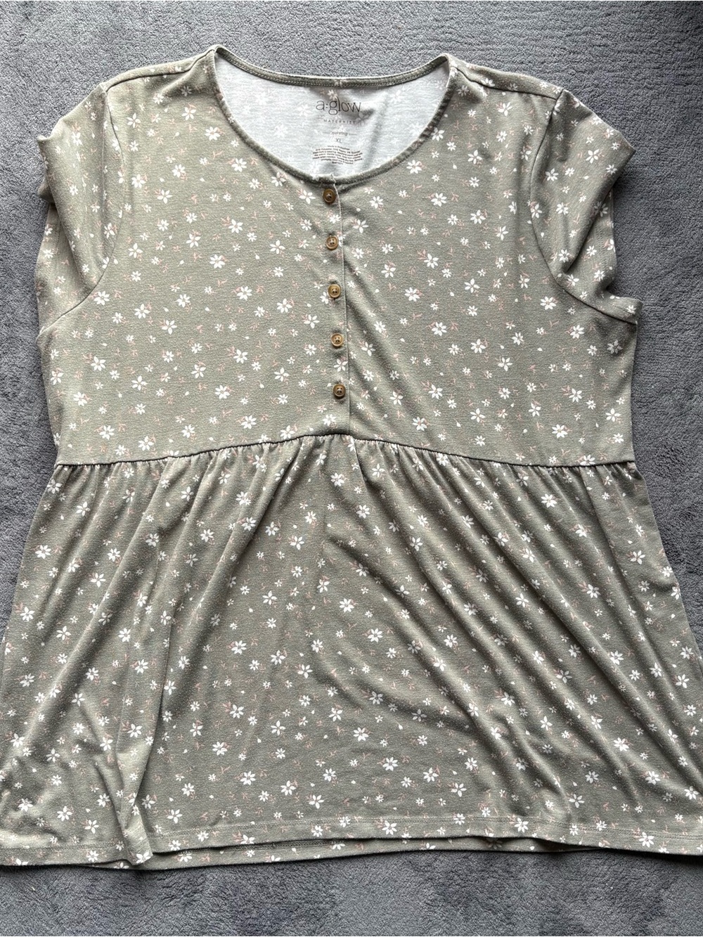 a:glow Olive Floral Button-Peplum Short Sleeve Top